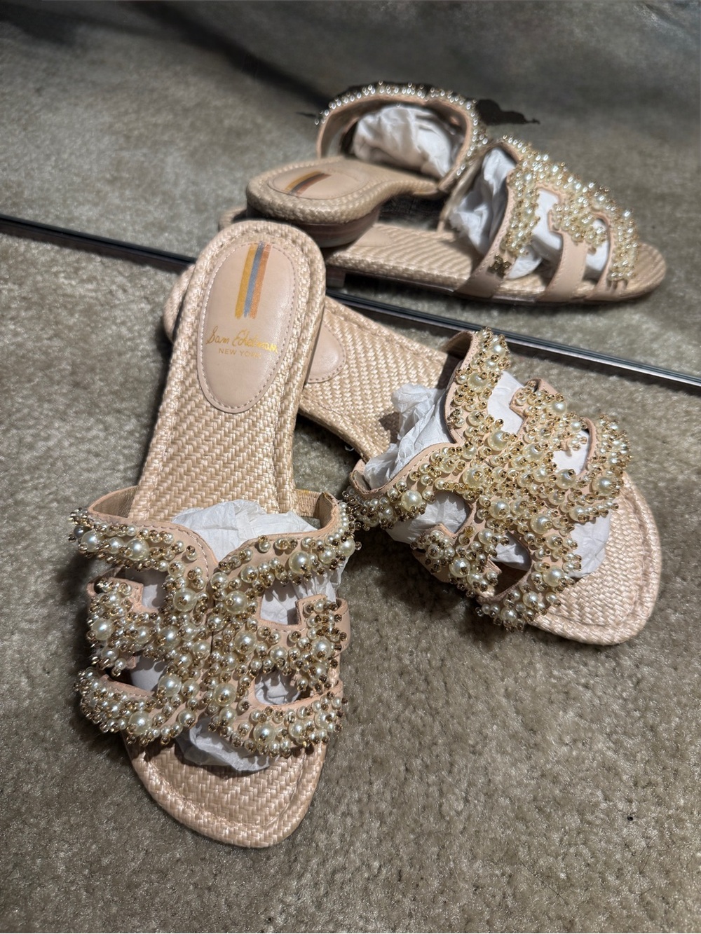 Sam Edelman Pearl & Crystal Embellished Beige Slide Mules